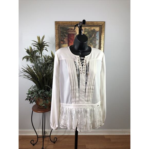 Guess Women Blouse M Long Sleeve Off White Lace Details Lace Up Front Peasant - Picture 1 of 7